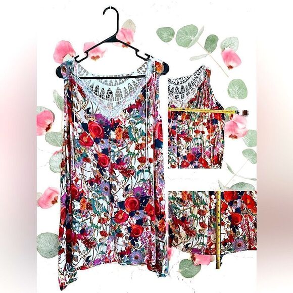 Vintage l Umgee Summer Mini Dress l Lace Back l Cream with Floral Print l L - Picture 5 of 9